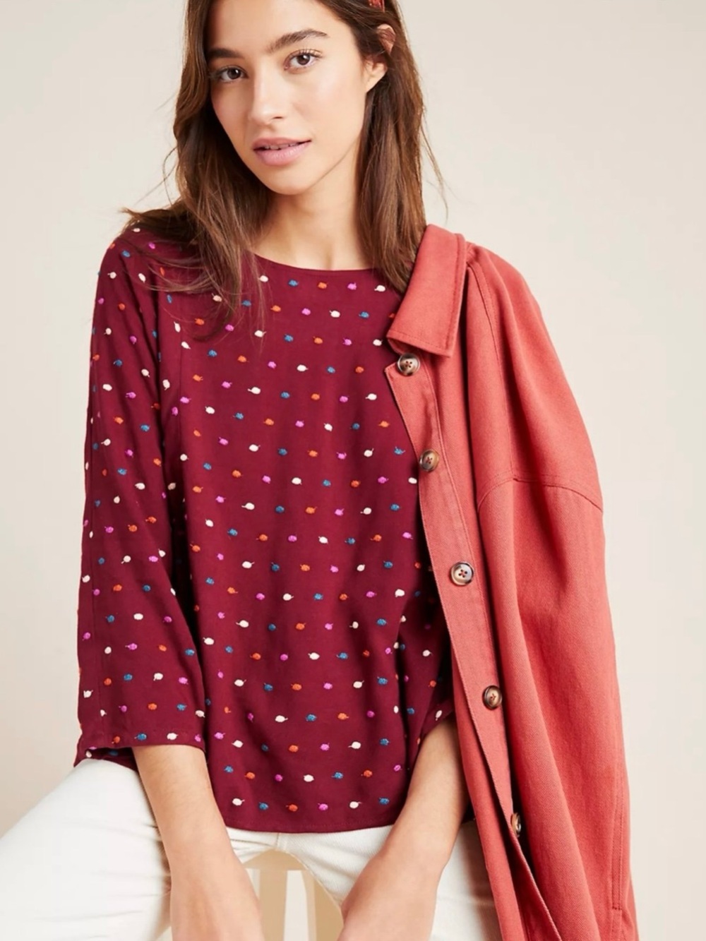 NWT Maeve by Anthropologie Burgundy Top with Multicolor Embroidered Dots